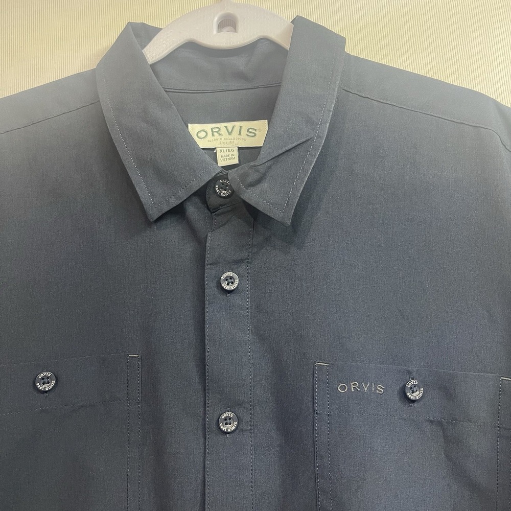 Orvis Button Up Shirt Mens XL Navy Blue Short Sleeve Utility Pocket